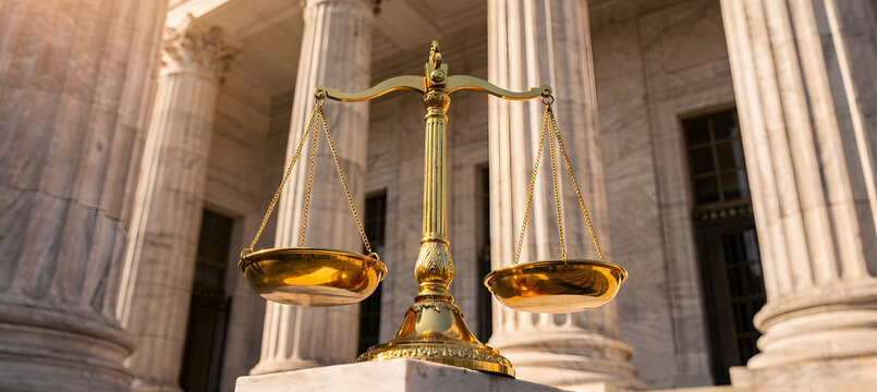 Justice Prevails: A Symbol of Impartiality and Legal Equilibrium Amidst Grand Columns and Timeless Architecture, Evoking Trust, Authority, and Fairness in the Pursuit of Truth