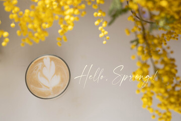 phrase hello spring with yellow mimosa flowers © arymer