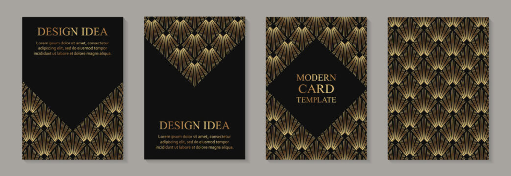 Modern geometric luxury black backgrounds for business or greeting cards with golden rhombuses in art deco style