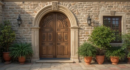 Authentic Italian house exterior with arched wooden door and decorative plant pots alongside copy space