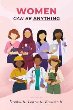 Motivational International Women's Day Vertical Poster with Diverse Professionals and Quote Women Can Be Anything