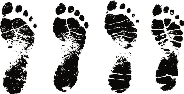 Black footprint trail on white background four distinct human foot impressions with varying textures and detail