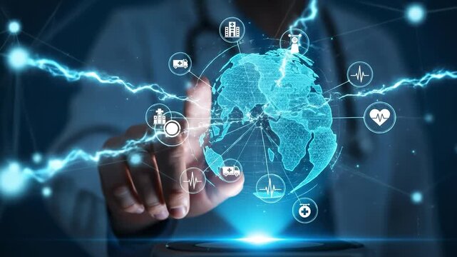 Doctor hand touching digital globe with medical icons for global telehealth network infrastructure