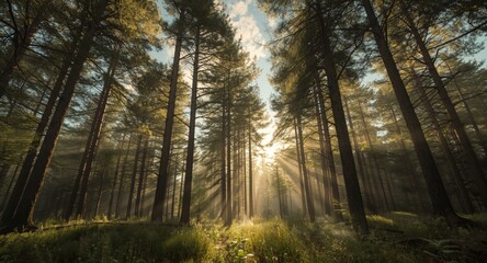 Obraz premium Sunlit dense forest filled with majestic tall pine trees and glowing warm canopy