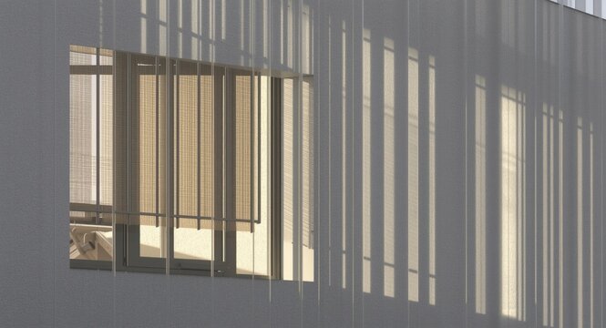 Rendered architectural image of brise soleil windows projecting vertical light lines