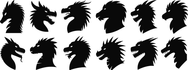 Obraz premium Set of Dragon Head Silhouettes in Various Aggressive and Roaring Poses Isolated on White Background