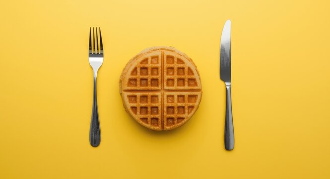 Yellow background with top perspective of Viennese waffles and silver fork and knife