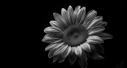 Grayscale image of sunflower with detailed petals against black background