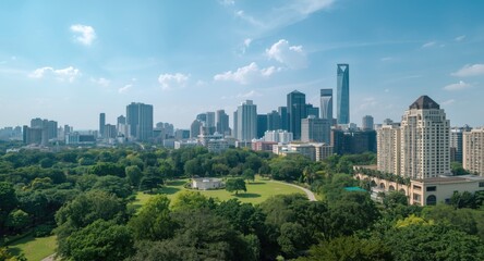 Obraz premium City center skyline with verdant park and numerous commercial towers