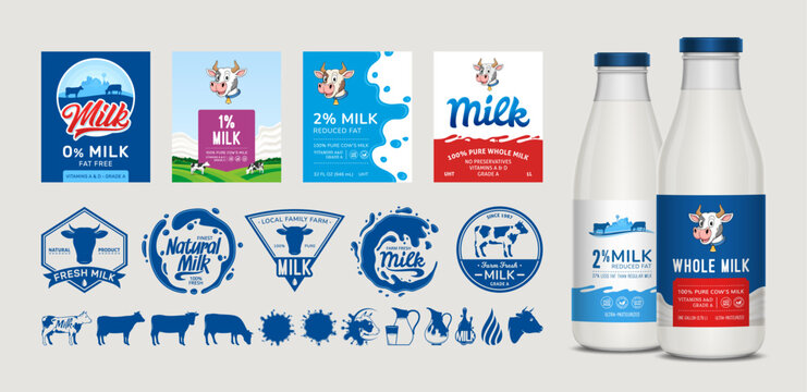 Vector collection for dairy industry branding with milk bottle mockups, label templates, logos, and icons. Featuring cute cow illustrations, milk splash badges, and minimalist cattle silhouettes