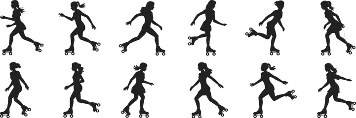 Obraz premium Set of Female Roller Skating Silhouettes in Motion Poses Isolated on White Background for Sports Illustration
