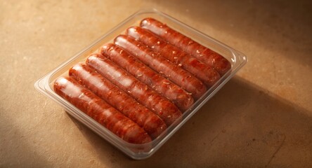 Sealed turkey sausages displayed in plastic container