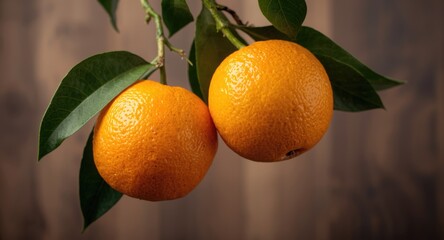 Fresh ripe oranges hanging on a lush branch with copy space for text or design