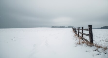 White snow covered rural farm field under a somber cloudy sky