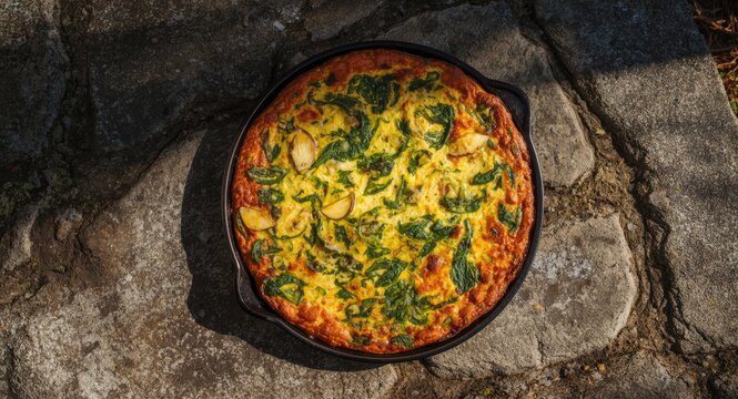 Nutritious spinach and potato frittata laid out on uneven stone platform