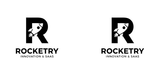 Fototapeta premium Professional vector logo design for “ROCKETRY INNOVATION & SAAS” featuring bold letter R with integrated rocket motif, symbolizing progress, technology, and modern SaaS branding.