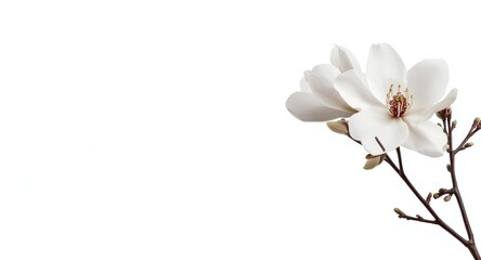 Fototapeta premium Minimalist white spring background with magnolia blossom and selective depth highlighting floral beauty for copy space