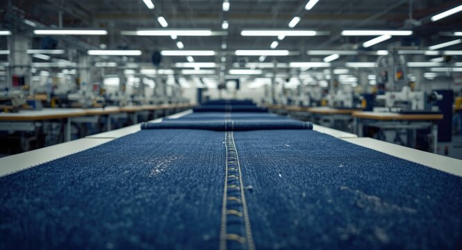 Clothing factory interior showing denim fabric neatly prepared for sale