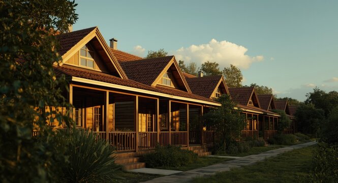 Group of dwellings featuring pitched roofs and front porches