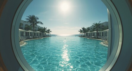 Fototapeta premium Swimming pool at luxury resort with bright sun reflections seen through a viewing port and copyspace