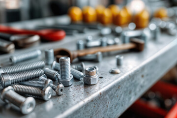 Naklejka premium Mechanic's Garage Close-Up of Various Metallic Bolts on Industrial Workbench with