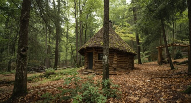 Early style wikiup hut situated in lush forest setting