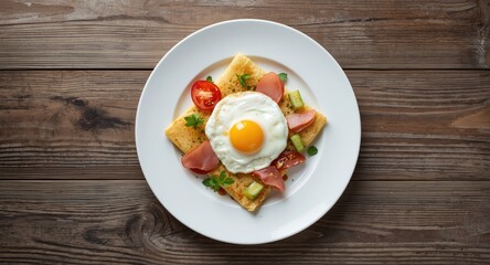 Fresh crepes with fried egg ham slices fresh tomato cucumber arranged on white dish over rustic wooden surface with room for text