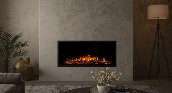 Contemporary home area highlighted by electric fireplace with authentic flame visuals in black