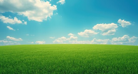 Fototapeta premium Spacious green turf under vibrant sky with fluffy clouds copy space