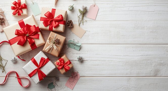 Seasonal gift assortment with tags and green details on white wood texture enhanced by red ribbons