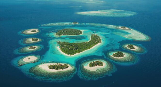 Aerial shot of a remarkable archipelago consisting of tiny unique atoll islands with natural scenic beauty