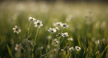 Fototapeta premium White flowers waving gently in a meadow as seasons evolve