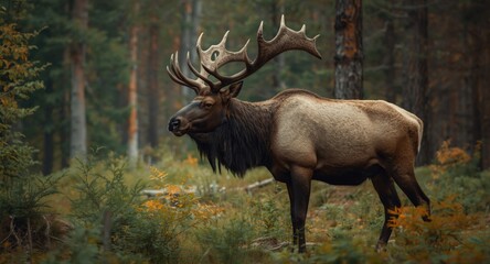 Fototapeta premium Massive bull elk in a calm forest clearing ready for interaction