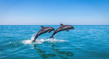 Vibrant spinner dolphins leaping high above the calm blue sea at daylight
