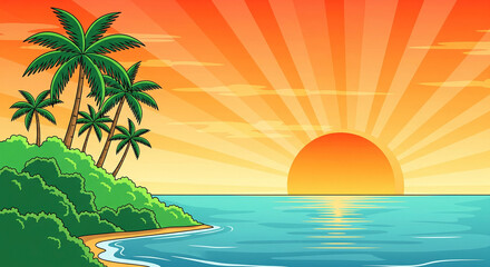 Obraz premium Tropical island getaway at sunset with palm trees and serene ocean
