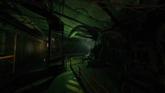 Covert infiltration corridor with security shadows and vent lines, low green illumination and tense atmosphere, ideal for espionage visuals or tactical stealth