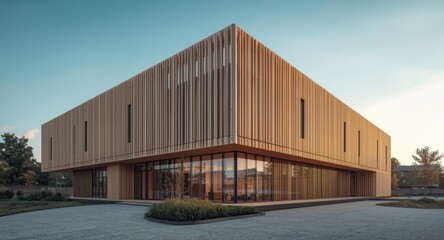 Fototapeta premium Modern construction of office building using eco friendly timber concrete composite materials with clean architectural lines and blue sky