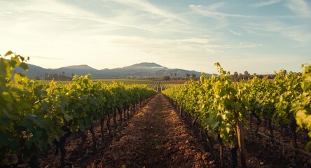 Obraz premium Open landscape with healthy grape rows rooted in volcanic terrain under diffused daylight conditions