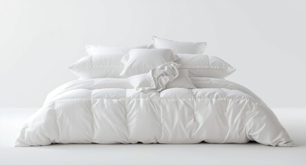 Obraz premium Front facing image of bedding set arranged on white bed with clipping path effect