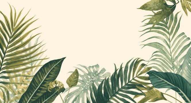 Summer design featuring hand drawn tropical plants including palm and monstera with simple background