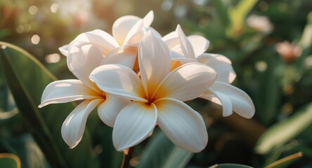 Fototapeta premium White plumeria flowers with smooth petals in vibrant outdoor setting