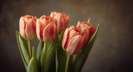 Fototapeta premium Fresh tulips in nostalgic vintage scene with generous space for text