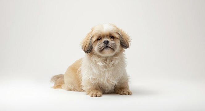 Lhasa Apso dog alone on minimal white background for branding