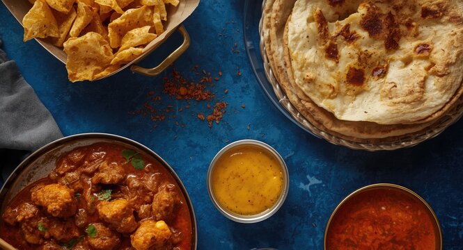 Indian style spicy chicken dhansak curry set with chips naan bread and mango chutney presented in flat lay on a blue tabletop