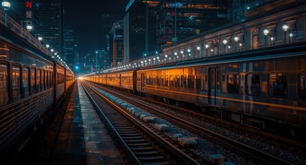Fototapeta premium Rails filled with active train traffic next to illuminated business district at night