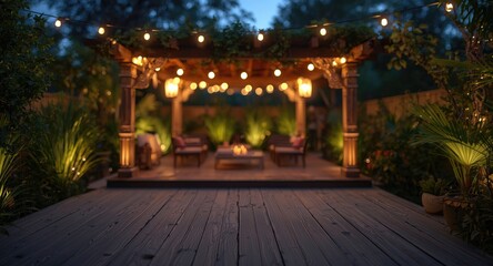 Fototapeta premium Night garden wooden terrace with abstract bokeh light ambiance and wide copy space for marketing