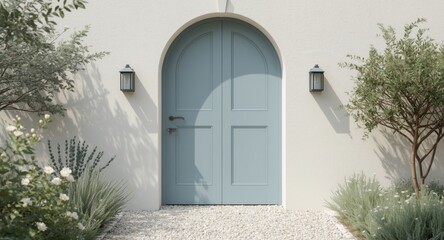 Fototapeta premium Pale toned entrance featuring soft blue accents and copy space highlighting gardening care