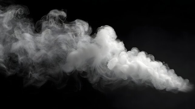 Dynamic white smoke or vapor swirls and billows against a black background showing fluid motion