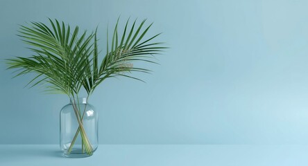 Obraz premium Glass vase with lush palm leaves on cool blue backdrop in Scandinavian design style with copy space
