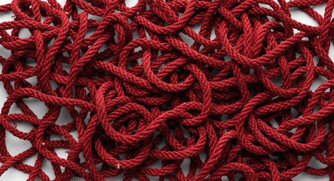 Mass of tangled red ropes displayed on uniform white background with copy space